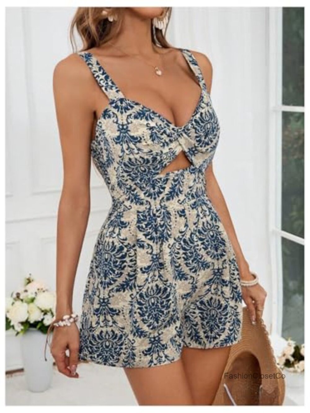 Cut Out Twist V Neck Sleeveless High Waisted Boho Shorts Jumpsuit Romper - Picture 3 of 5